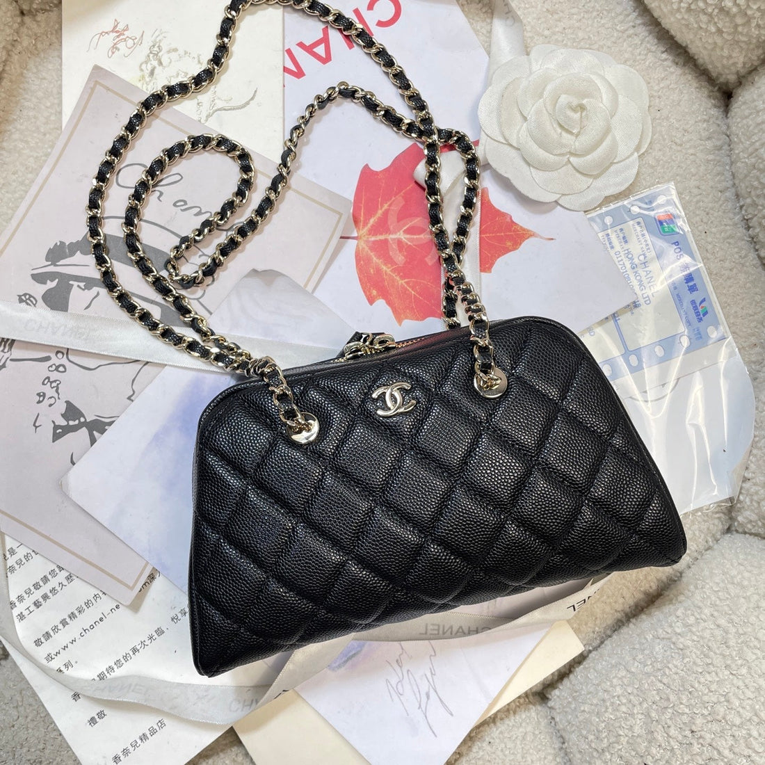 CC 26P Bowling Bag Chain Strap 19.5cn Brown Caviar Cowhide Ghw