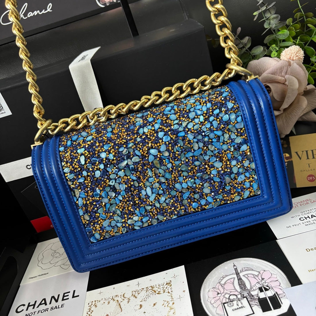 CC Le Boy Flap Bag Crystal Embellished 25CM Blue Ghw 158378