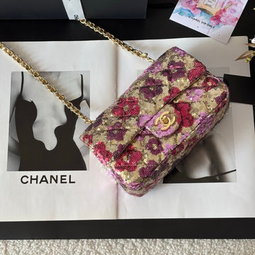 CC Flap Bag Floral 20CM Begie Pink Sequin Leather Ghw 158375