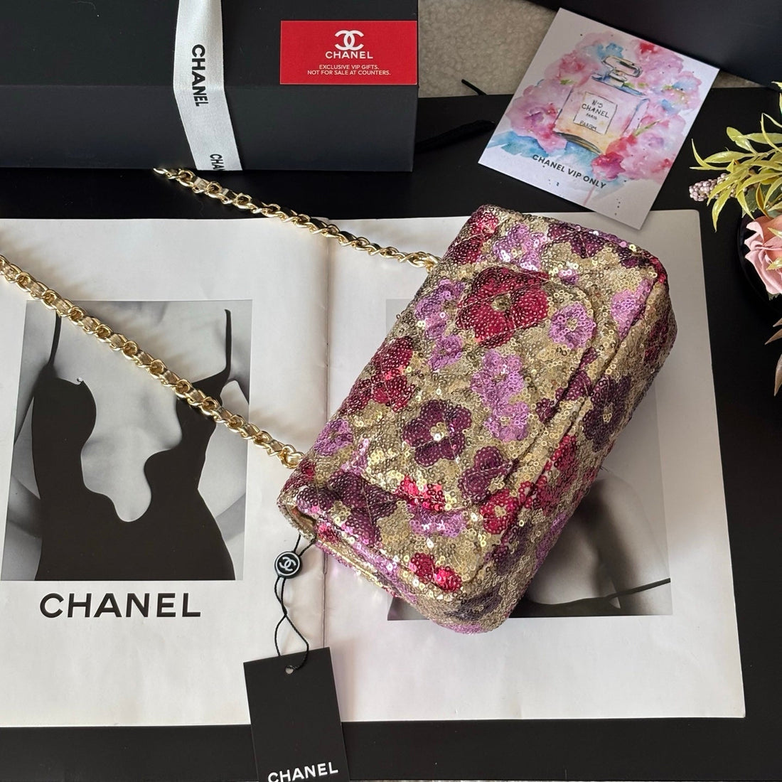 CC Flap Bag Floral 20CM Begie Pink Sequin Leather Ghw 158375