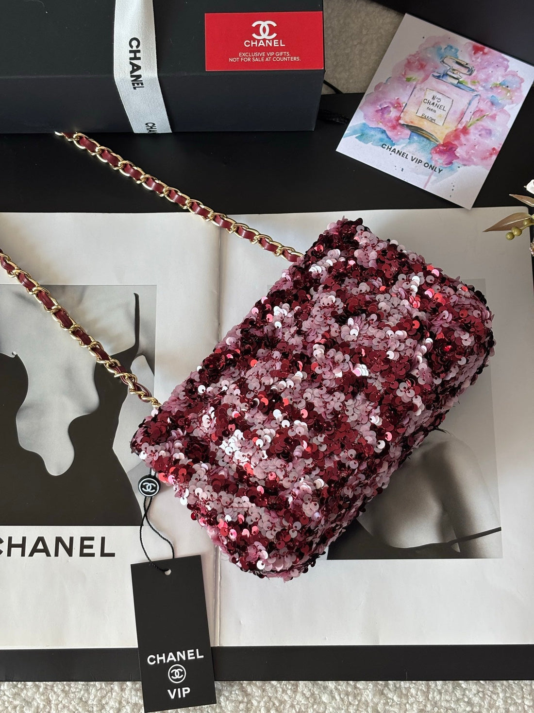 CC Flap Bag Floral 20CM Pink Sequin Leather Ghw 158374