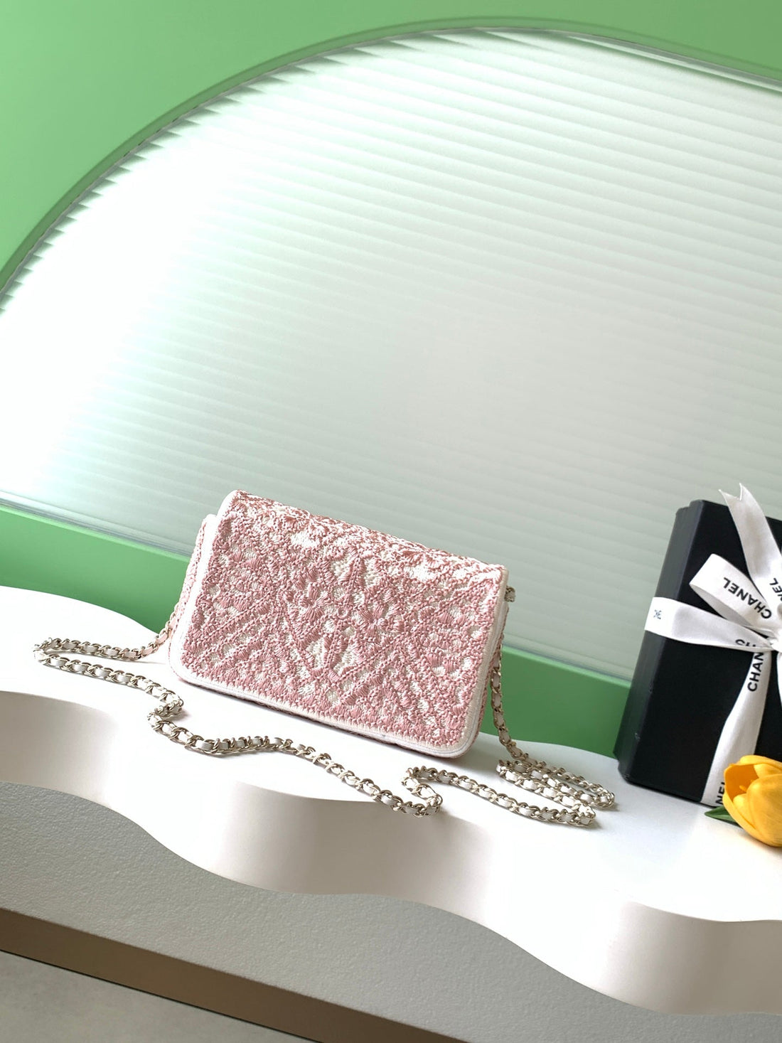 CC 26P Crochet Flap Bag Chain Strap 21CM Pink Tweed 292262