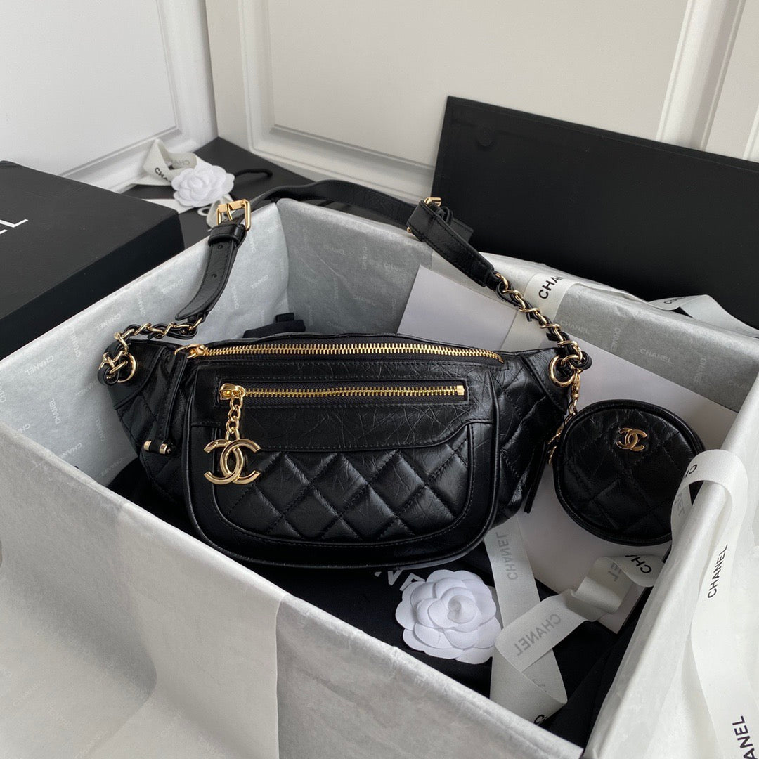 CC Front Zip Waist Bag Charm 34CM Black Lambskin