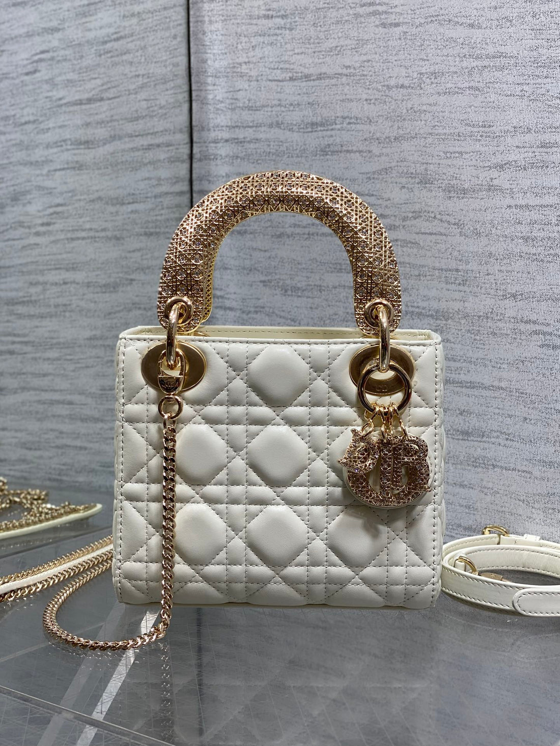 CD Mini Lady Dior 17CM White Cannage Calfskin Leather Ghw 158537