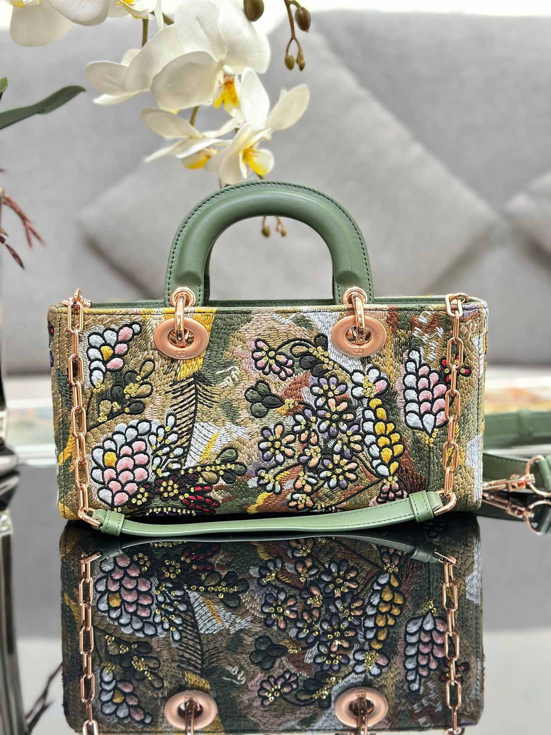 CD Lady D-Joy Sage 26CM Green Floral Embroidered Leather Rghw 158656
