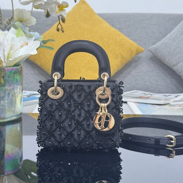 CD Mini Lady Dior 12CM Black Beaded Embroidered Cowhide Leather Ghw 158590