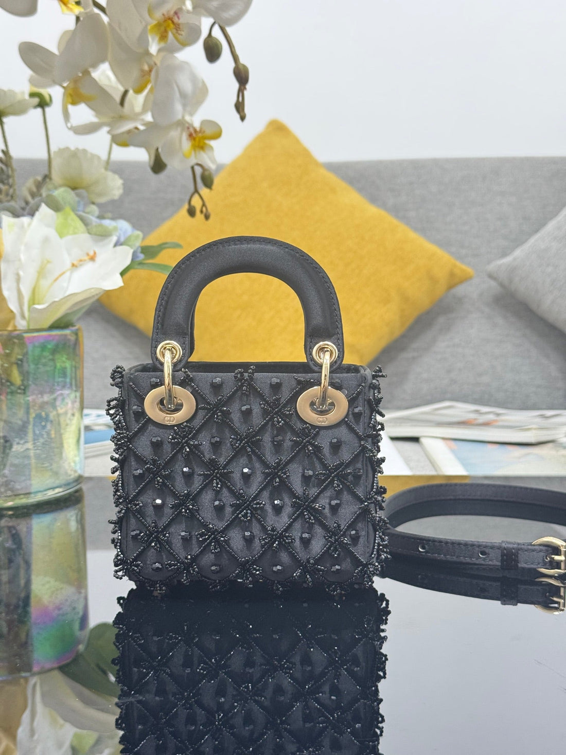CD Mini Lady Dior 12CM Black Beaded Embroidered Cowhide Leather Ghw 158590