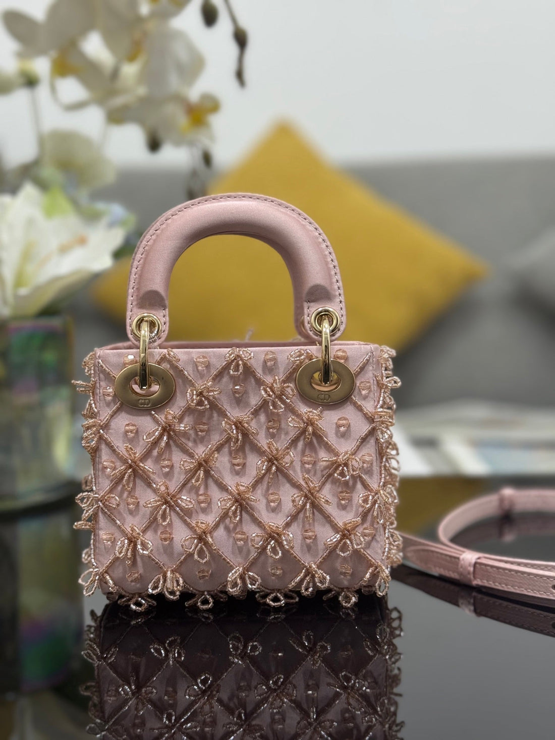 CD Mini Lady Dior 12CM Pink Beaded Embroidered Cowhide Leather Ghw 158586
