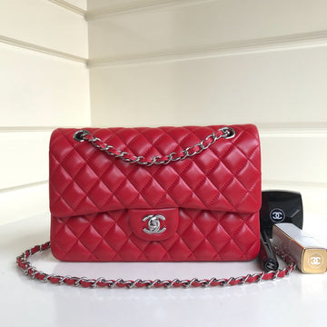 Flap Bag Medium 25CM Red Lambskin Silver Hardware