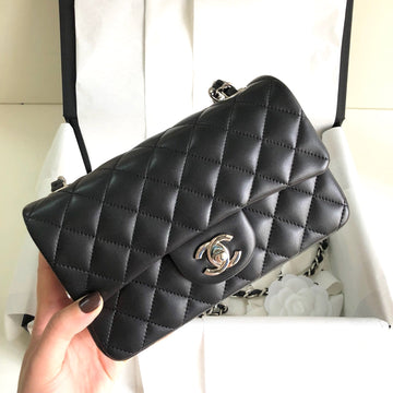 Mini Rectangle Flap Bag 20CM Black Lambskin Siilver Hardware