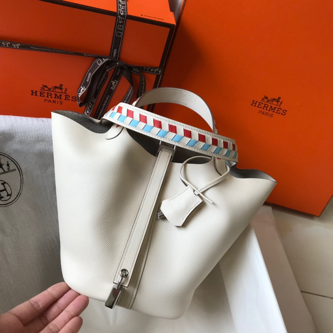 HM Picotin Lock 18 White Epsom With Braid Strap