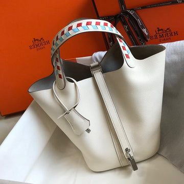 HM Picotin Lock 18 White Epsom With Braid Strap