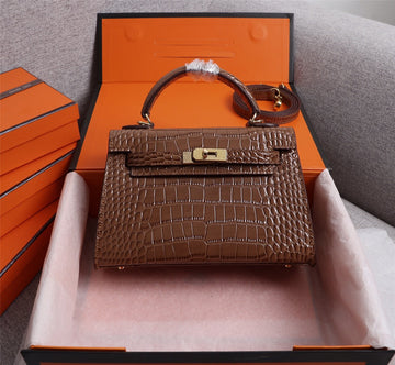 HM Kelly Mini 19 Chocolate Crocodile Embossed Calfskin Gold Hardware