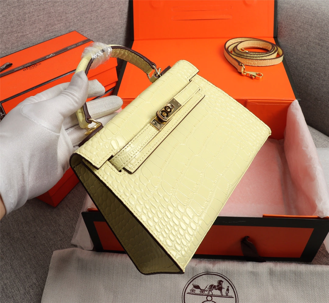 HM Kelly Mini 19 Pastel Yellow Crocodile Embossed Cowhide Gold Hardware