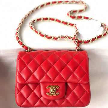 Mini Square Flap Bag 17CM Red Lambskin Gold Hardware