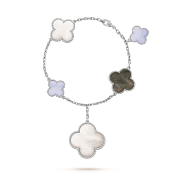 Clover 5 Motifs Sivler White Mop Bracelet