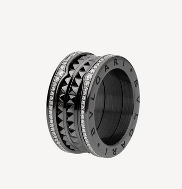 Zero 1 Rock Four-Band Black Ceramic With Studded Spiral And Paved Diamonds Ring