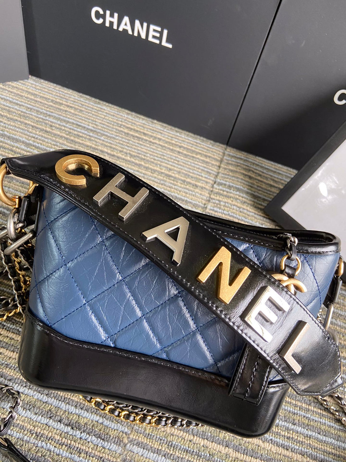 CC Medium 20 Hobo Bag In Aegean Blue Mix Black Calfskin With Strap