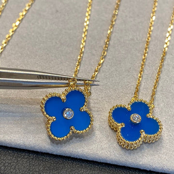 Vca Clover Vintage Agate Blue 1 Diamond Necklace Gold
