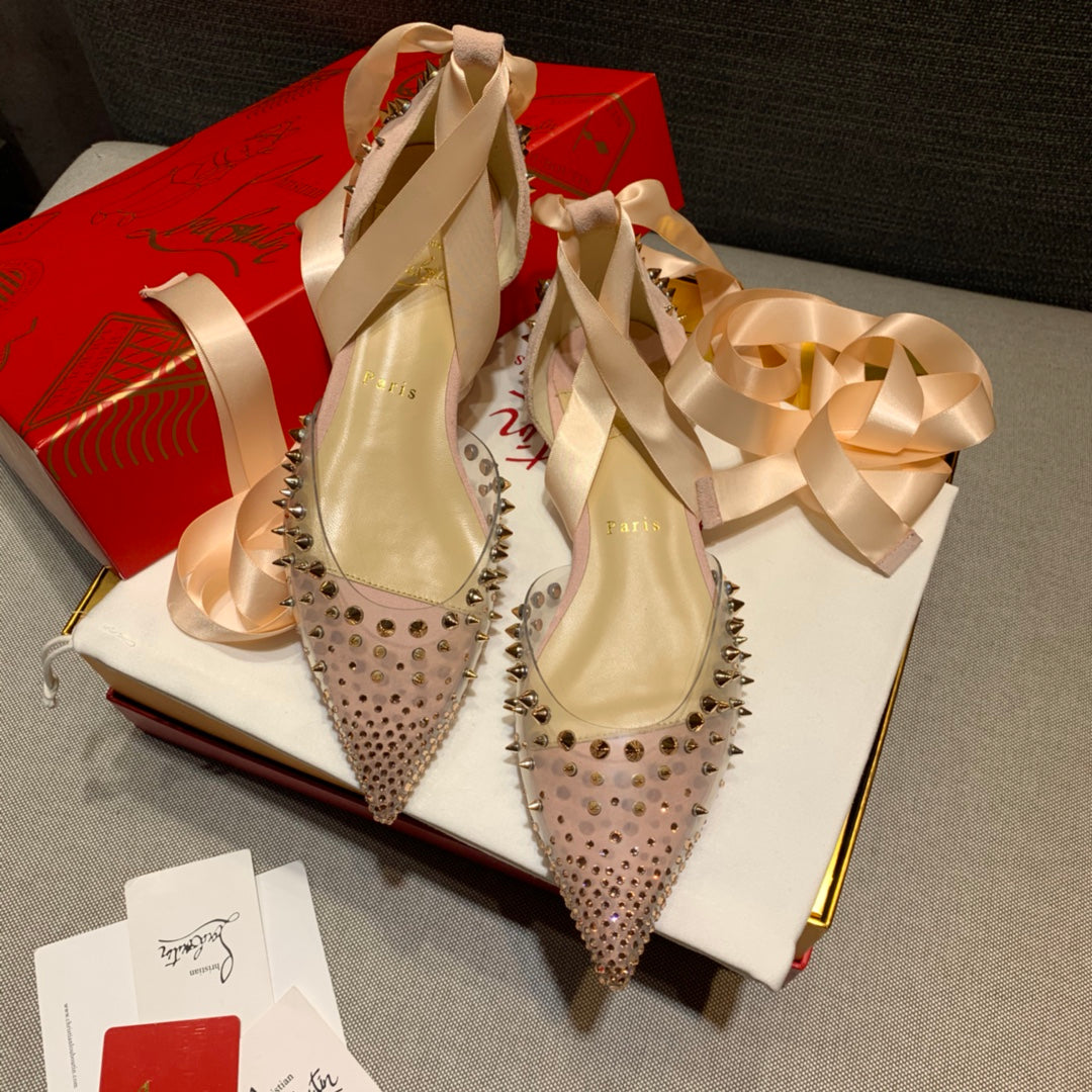 Cl Mechante Reine Flats Spike Pvc And Veau Velours Pink