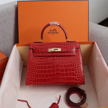 HM Kelly Bag 25 Red Crocodile Embossed Calfskin