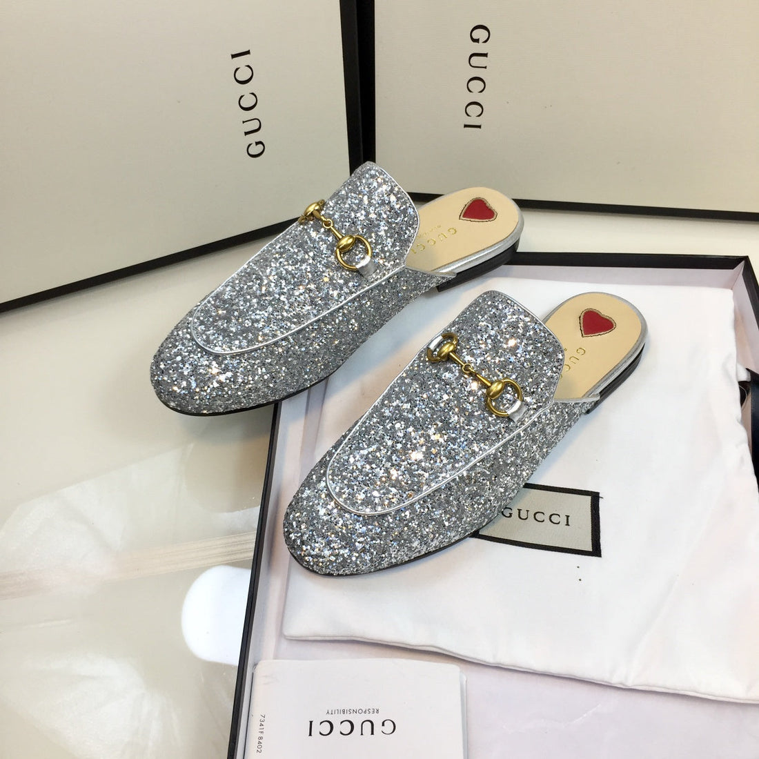 GG Princetown Silver Metalic Glitter Mule