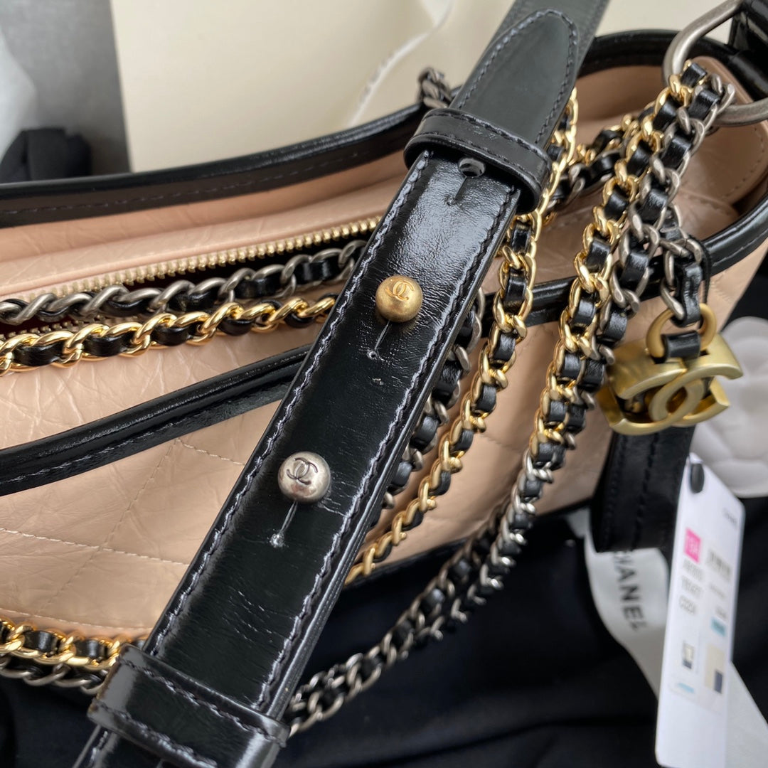 CC Gabrielle Small 20CM Hobo Bag Beige Black Calfskin