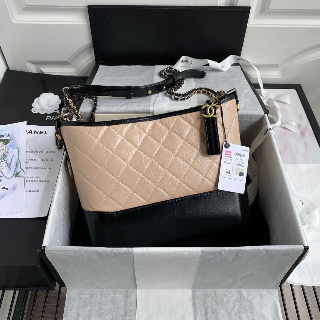 CC Abrielle Medium 28 Hobo Bag In Almond Beige Mix Black Calfskin