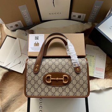 GG Horsebit 1955 Small 27 Bag In Beige Canvas And Brown Calfskin