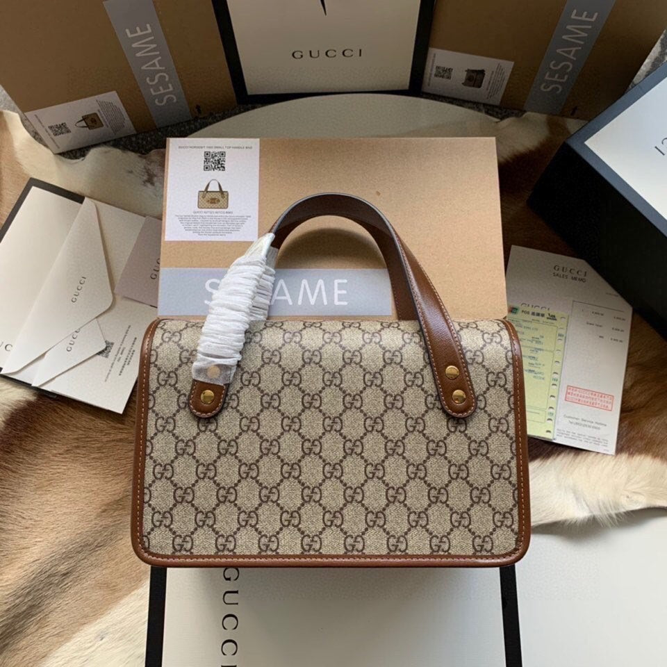 GG Horsebit 1955 Small 27 Bag In Beige Canvas And Brown Calfskin