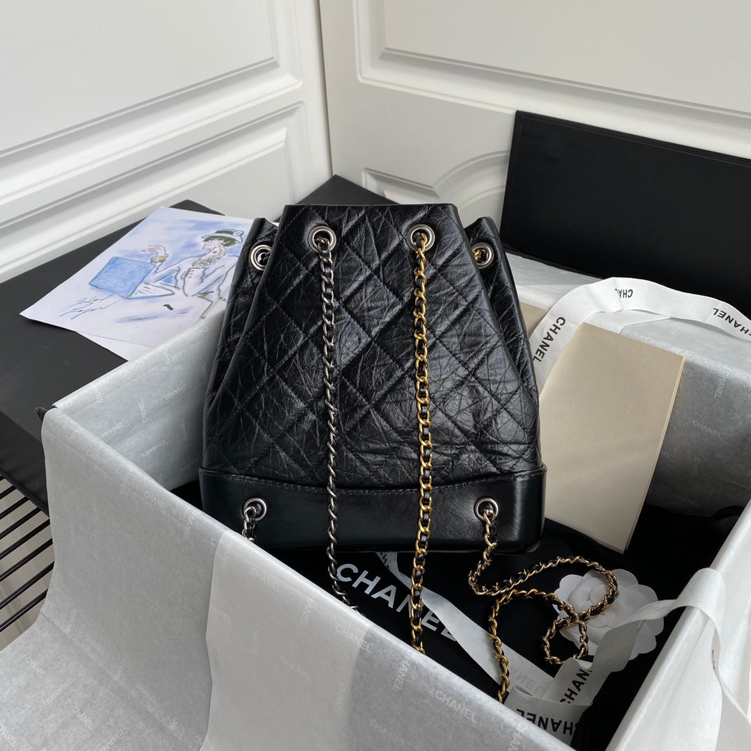 Chanel 2025 Aged Quilted Gabrielle Backpack 24CM Black Calfskin 534712