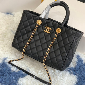 CC Shopping Bag 30CM Black Quilted Caviar Leather Ghw
