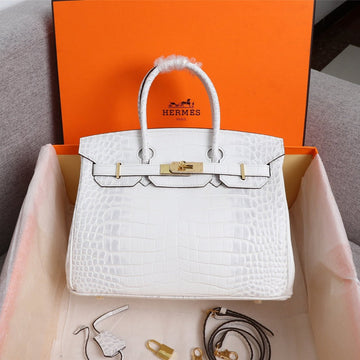 HM Birkin Bag 25 White Crocodile Embossed Calfskin