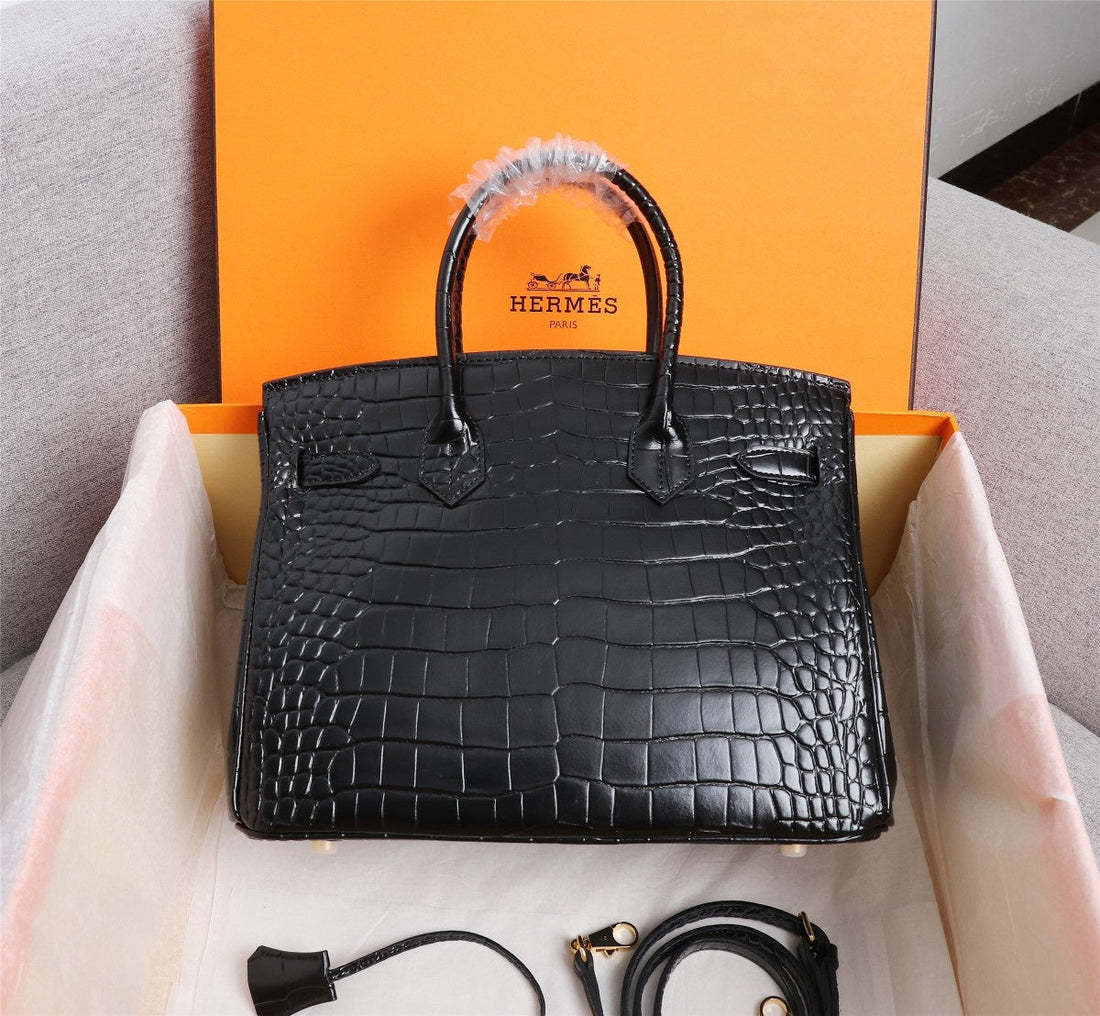 HM Birkin Bag 35 Black Crocodile Embossed Cowhide