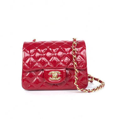 Mini Square Flap Bag 17CM Red Patent Calfskin Gold Hardware