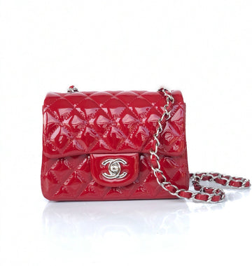 Mini Square Flap Bag 17CM Red Patent Calfskin Silver Hardware