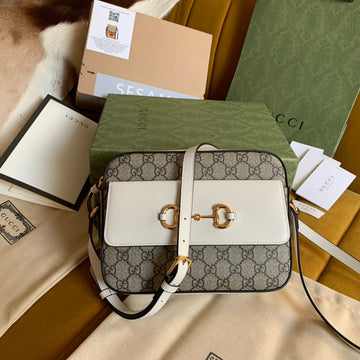 Horsebit 1955 Handbag 22 Brown Canvas And White Calfskin