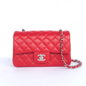 Mini Rectangle Flap Bag 20CM Red Lambskin Silver Hardware
