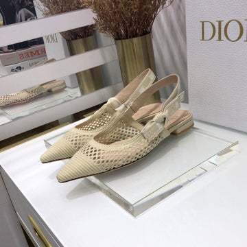 Jadior Slingback Flat Transparent Mesh Beige Embroidered Cotton