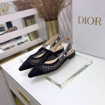 Jadior Slingback Flat Transparent Mesh Black Embroidered Cotton
