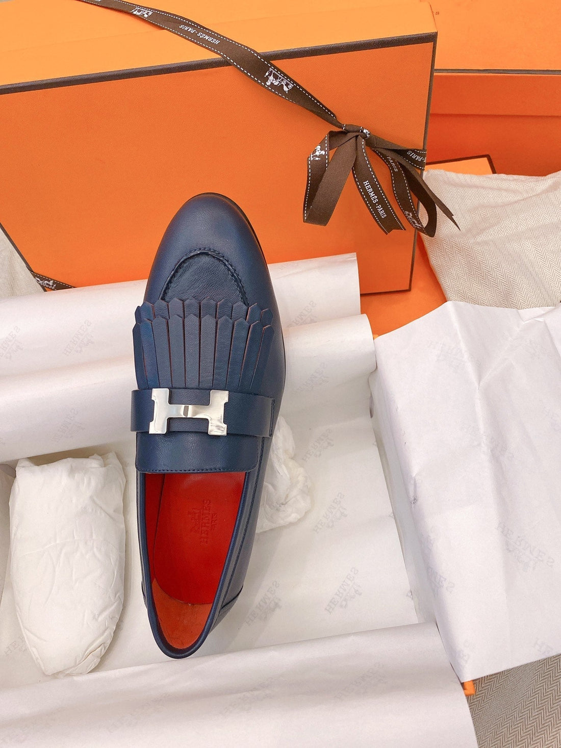Hm Mocassins Royal Loafers Navy Blue Goat Leather 348020