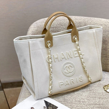 CC Deauville Tote Bag White Canvas Mop Logo
