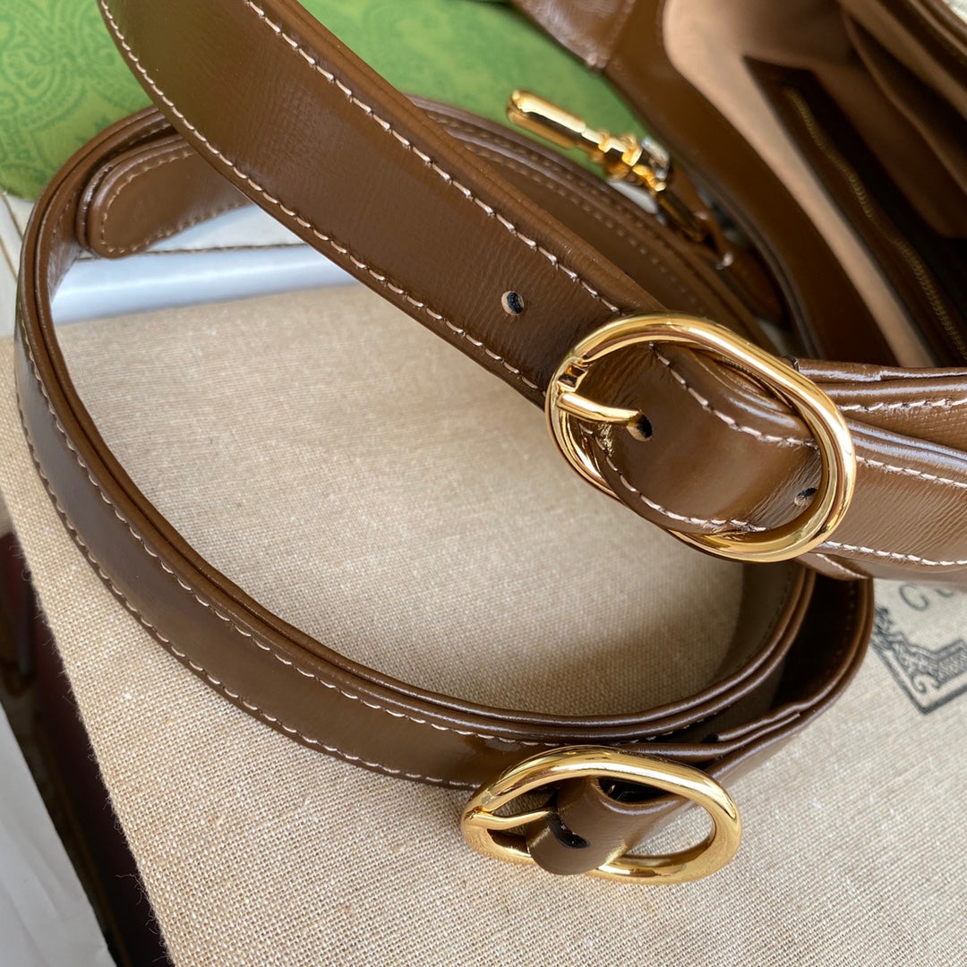 GG Jackie Small 28CM Beige Monogram Canvas Brown Calfskin