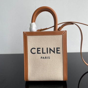 Mini Vertical Cabas 17CM White Canvas Tan Calfskin