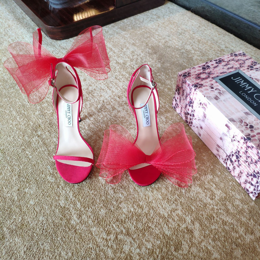 Jimmy Choo 100MM Bow Sandal Red Mesh Cowhide