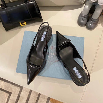 Triangle Logo Slingback Pumps In Black Glossy Calfskin