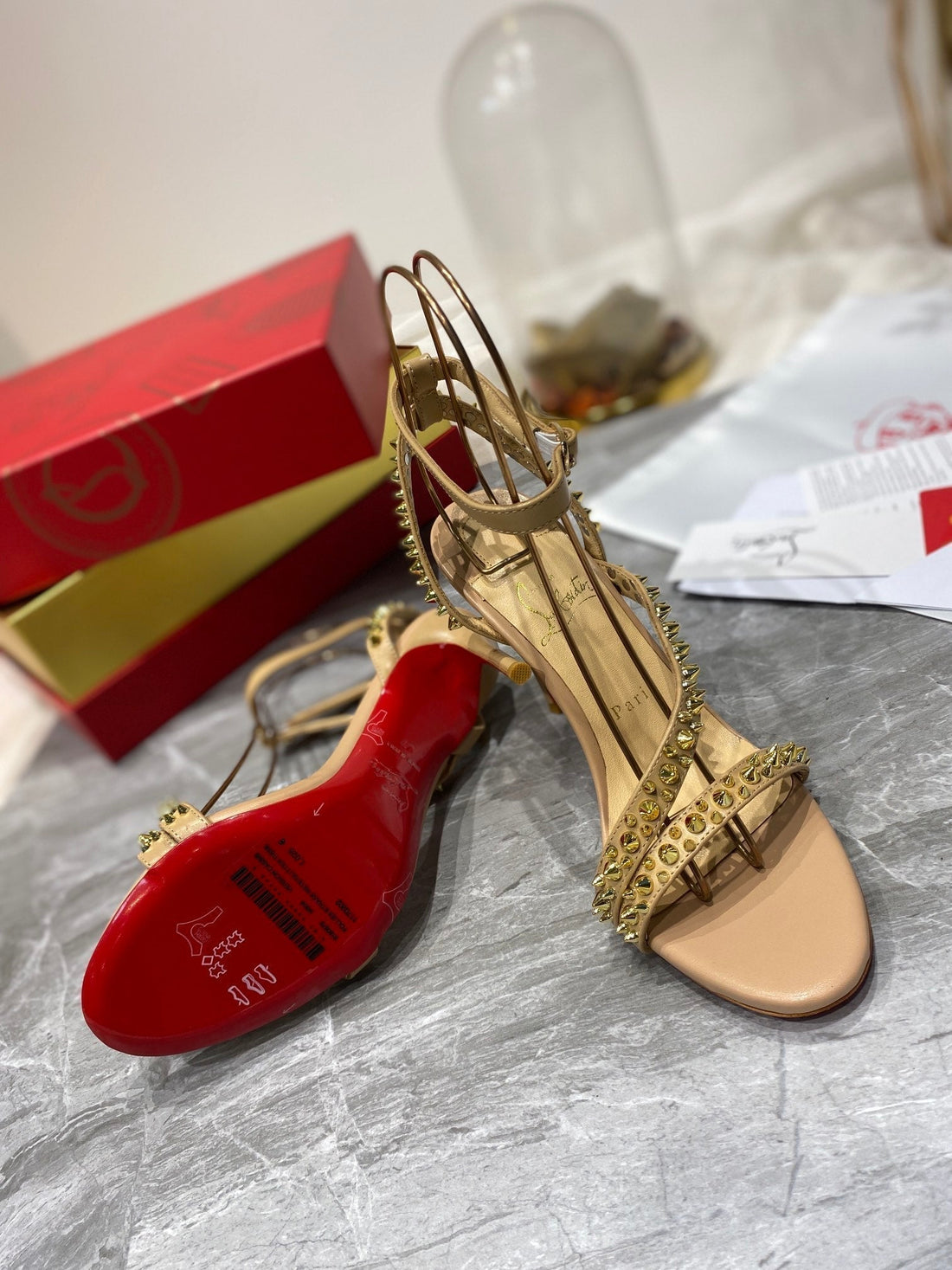 Cl Spiked Sandals Nude Sheepskin Alloy Steel 346024