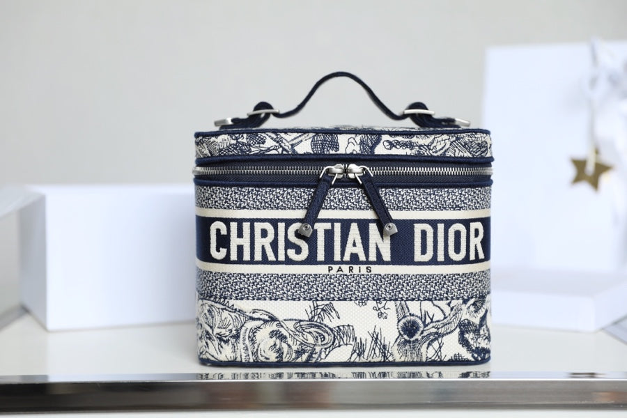 Dior 2025 Diortravel Vanity Bag 24CM Blue Mix White Canvas