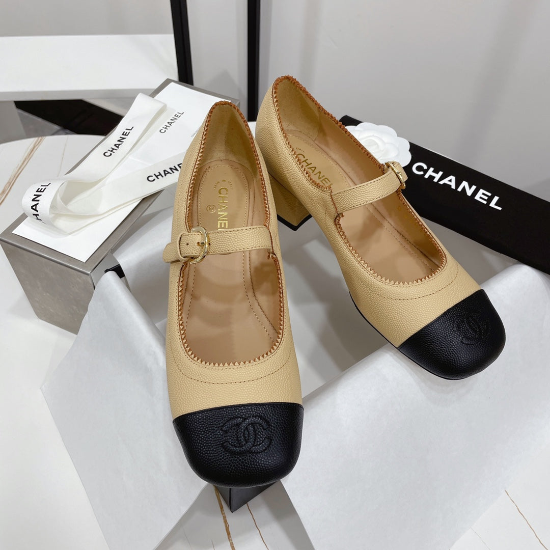 CC Mary Jane Block Heel Beige Cream Sheepskin