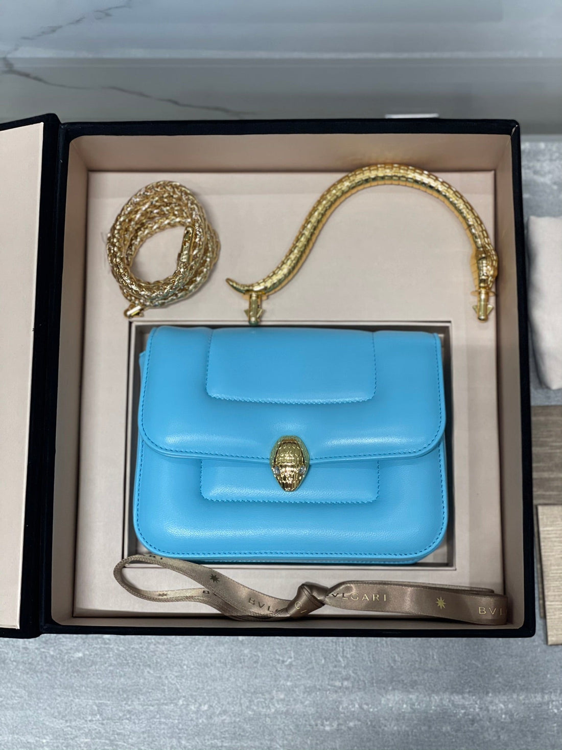 Bvl Serpenti Mary Katrantzou Top Handle 19CM Sky Blue Lambskin Ghw 188688
